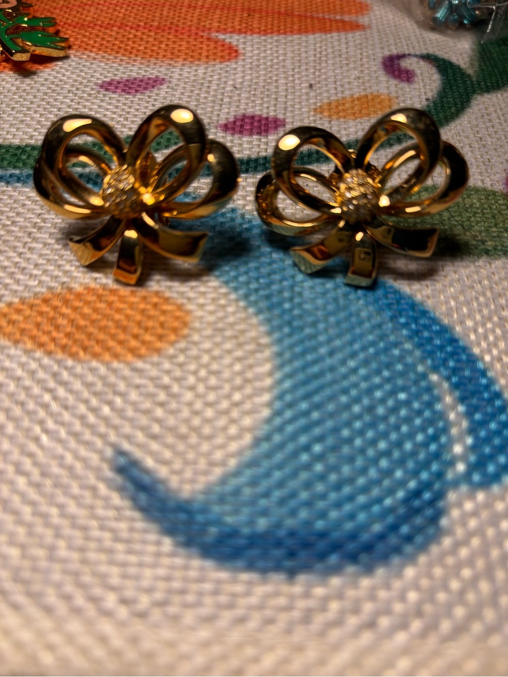 Gold Bow Clip-On Earrings - Sparkling Center